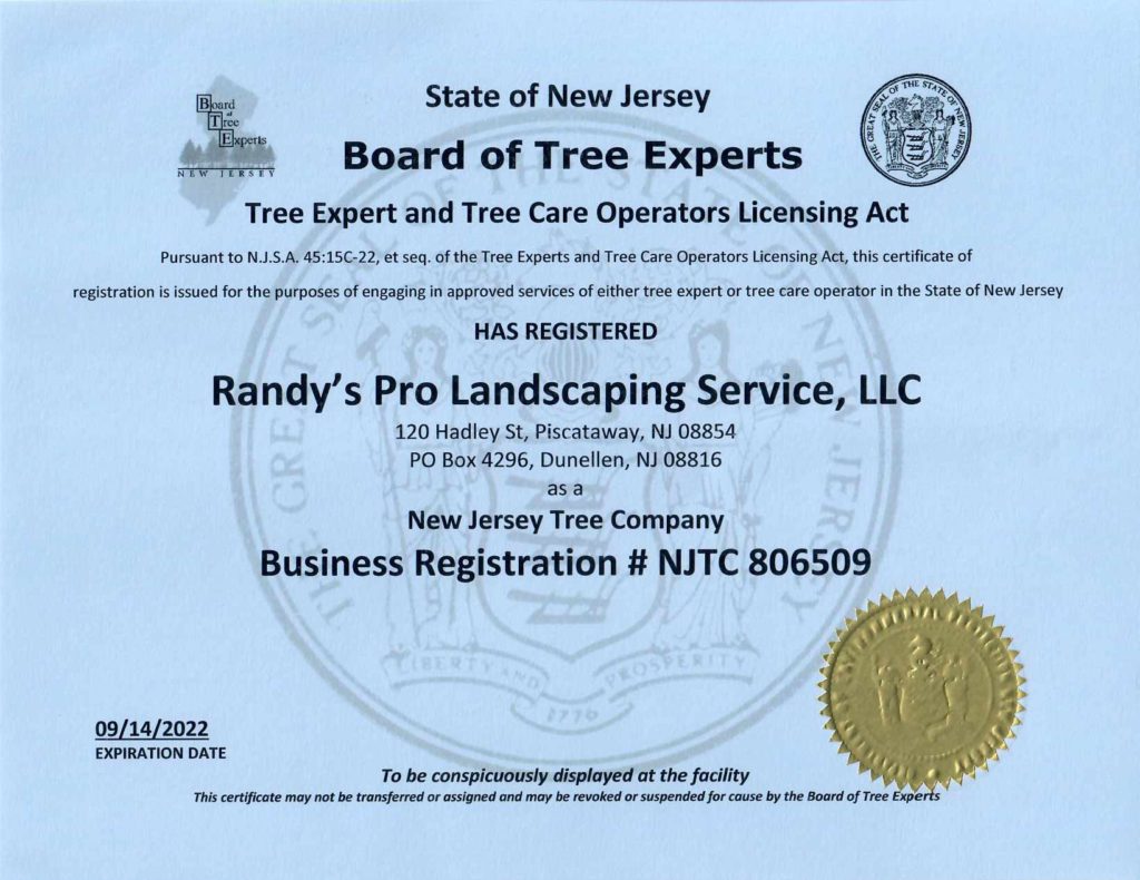 NJTC License #806509 gives Randy's Pro authority to perform tree service in Franklin 